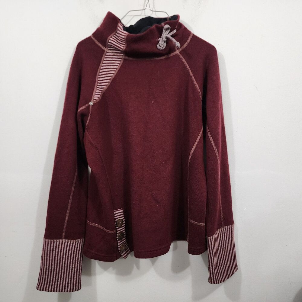 prAna Lucia Sweater Maroon Mock Neck Long Kimono Sleeve Stripe Womens Size L